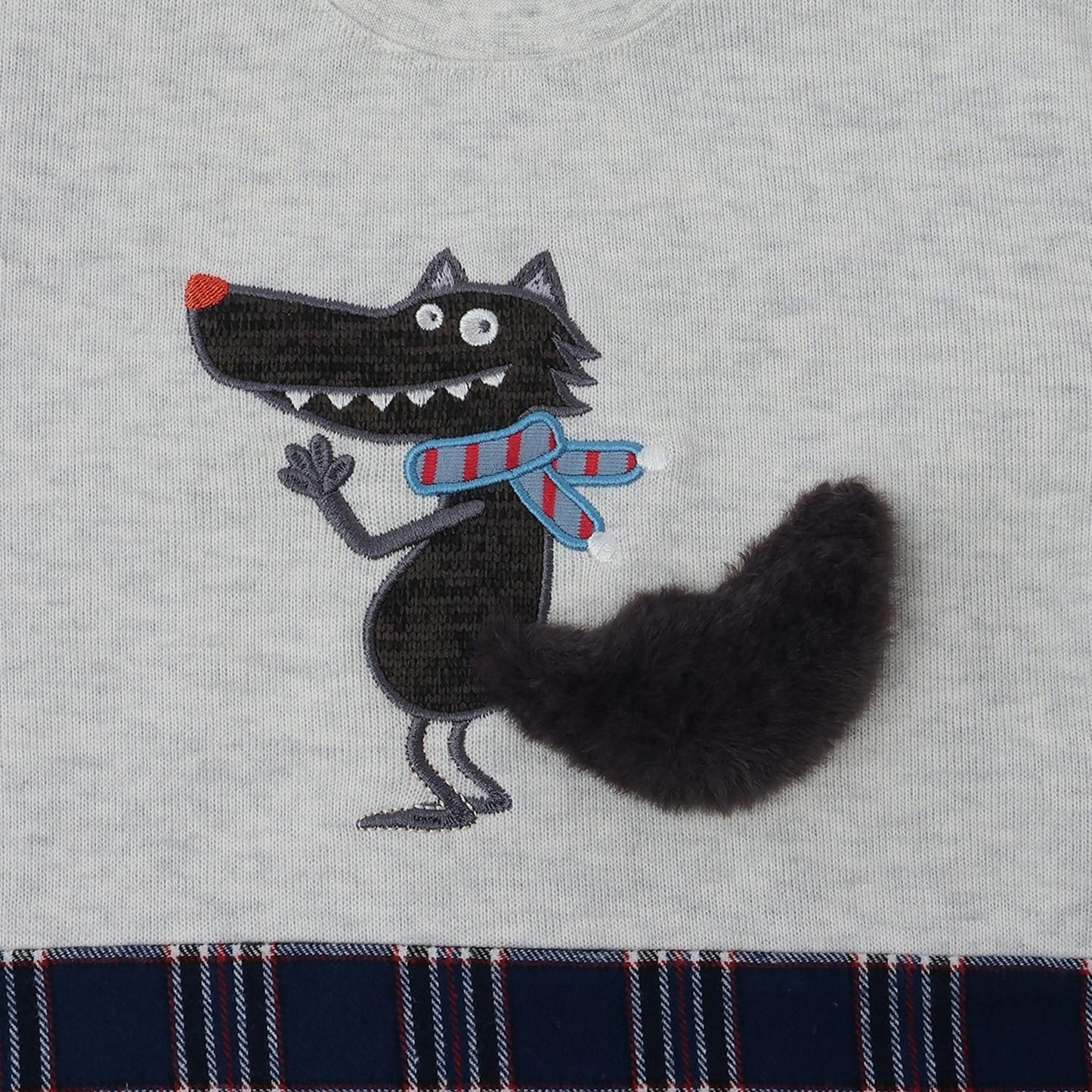 狼圖案拼接格子下襬衛衣