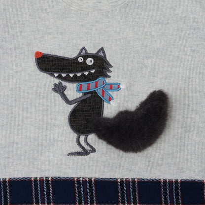 狼圖案拼接格子下襬衛衣