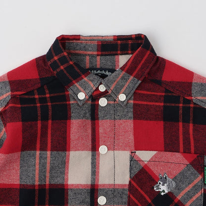 狼刺繡格紋長袖襯衫