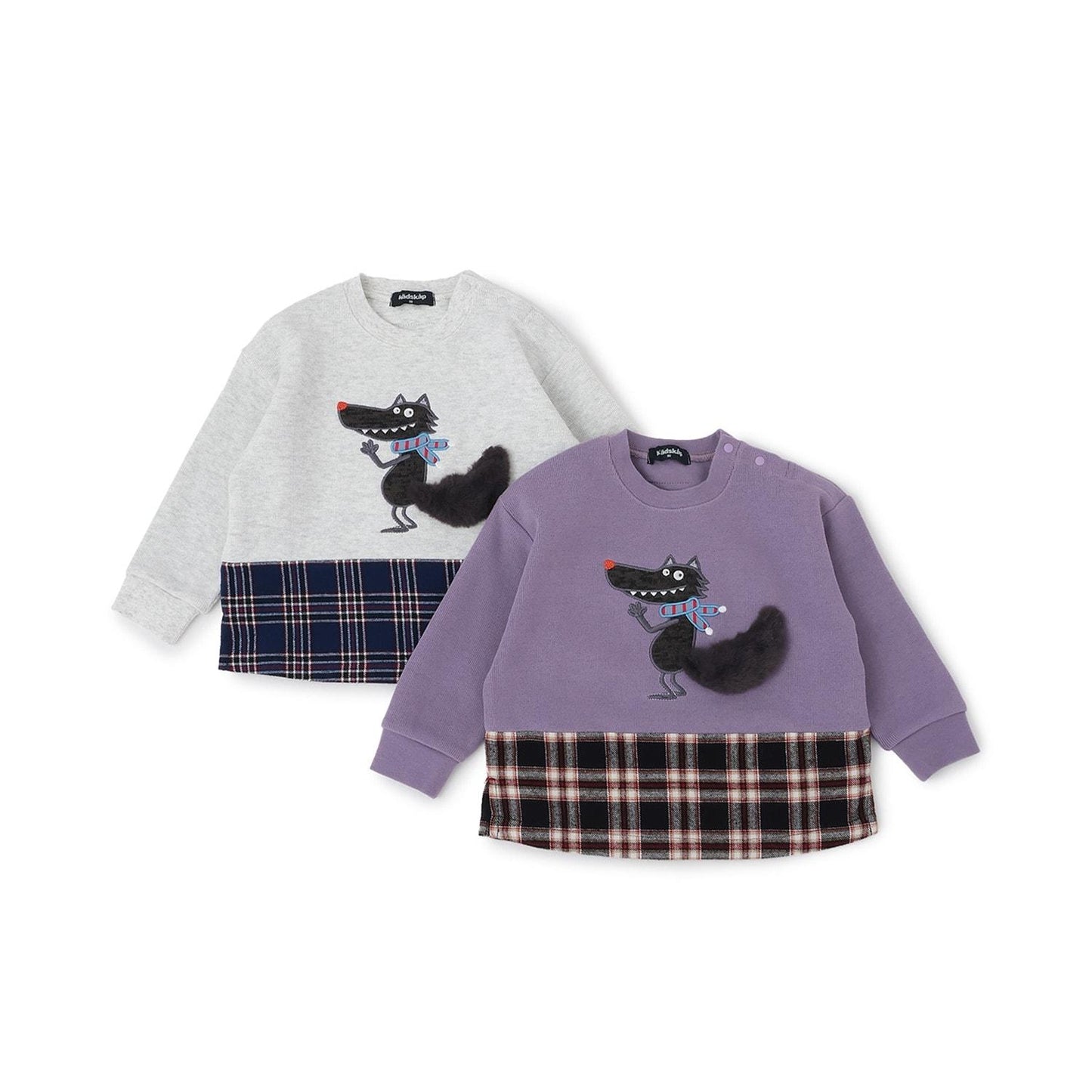 狼圖案拼接格子下襬衛衣