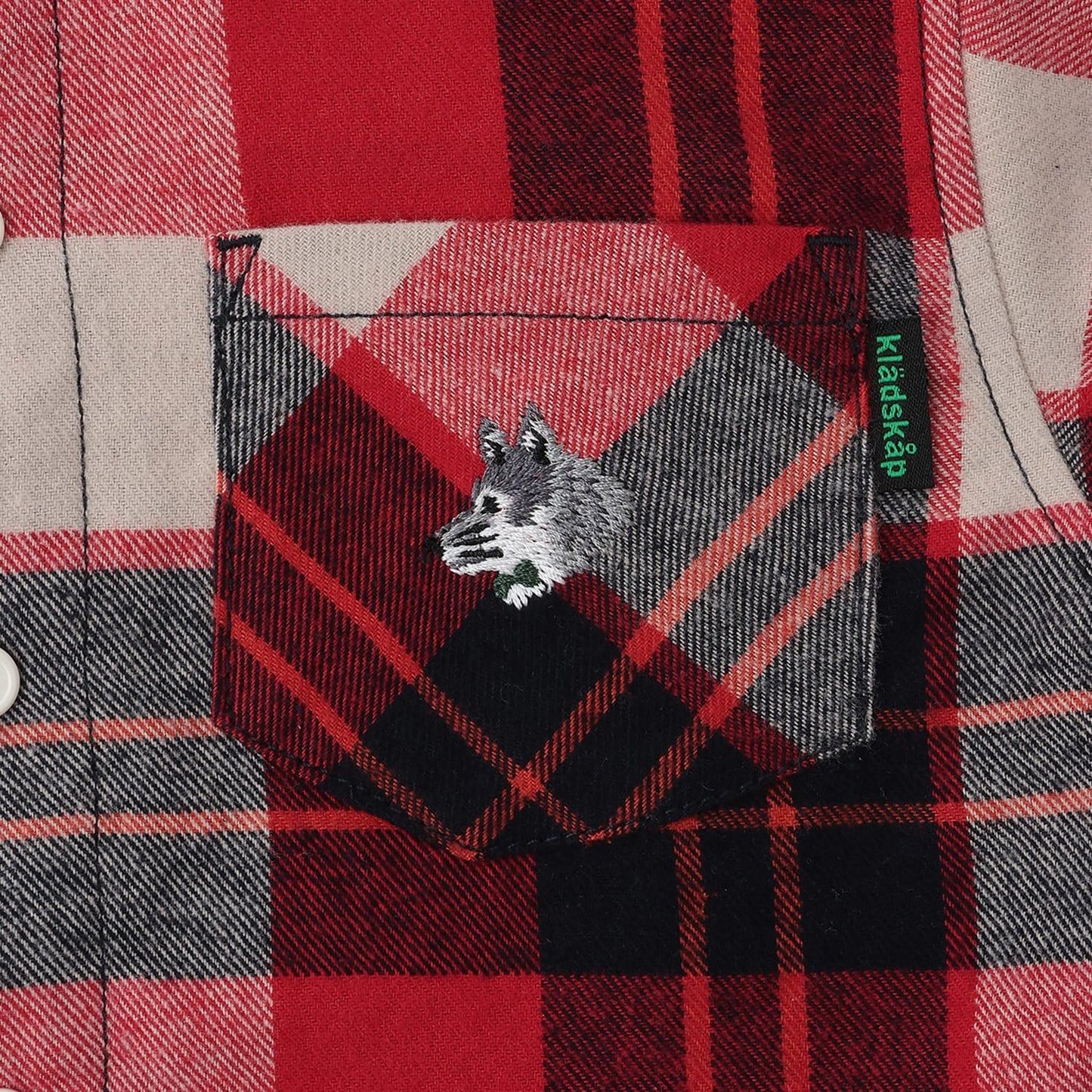 狼刺繡格紋長袖襯衫