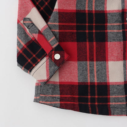 狼刺繡格紋長袖襯衫