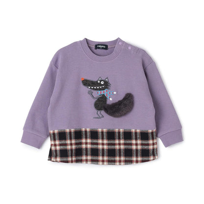 狼圖案拼接格子下襬衛衣