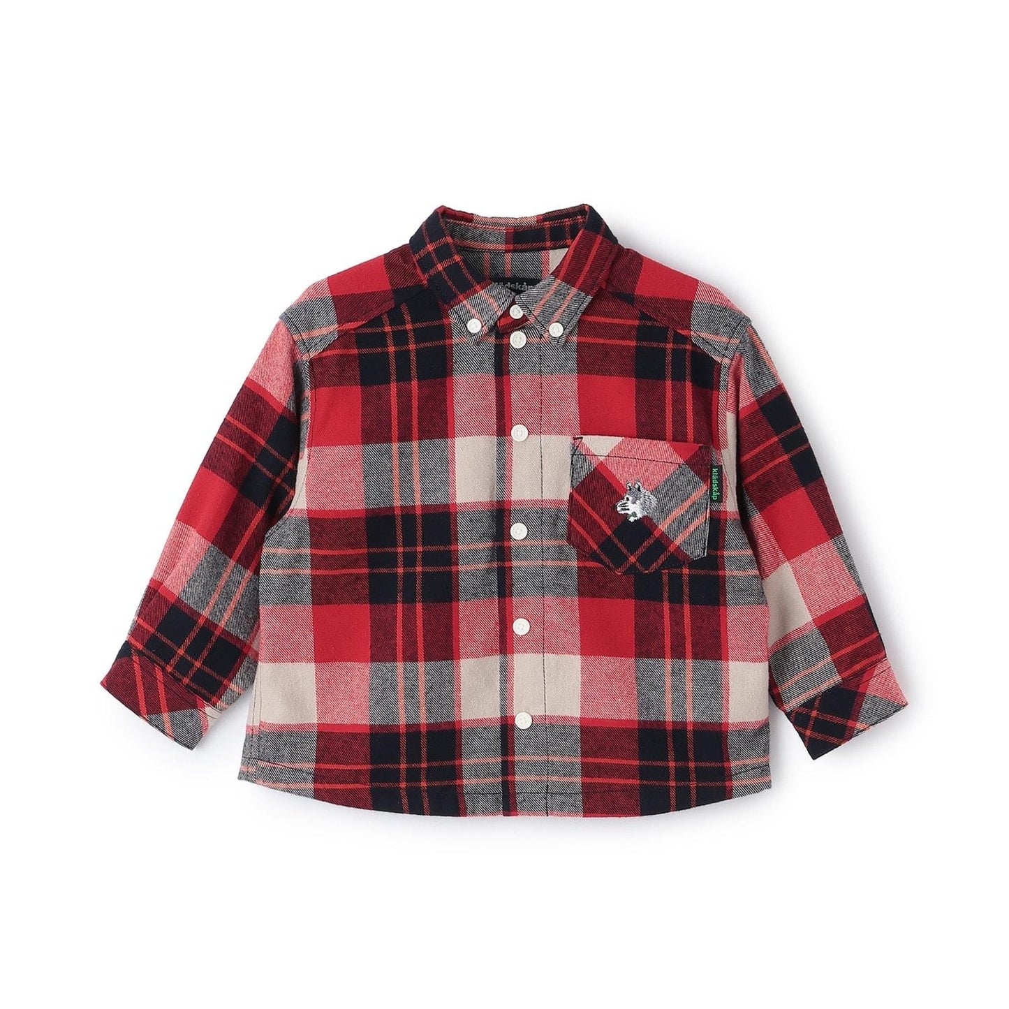 狼刺繡格紋長袖襯衫