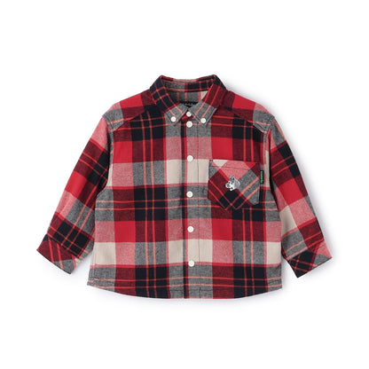 狼刺繡格紋長袖襯衫