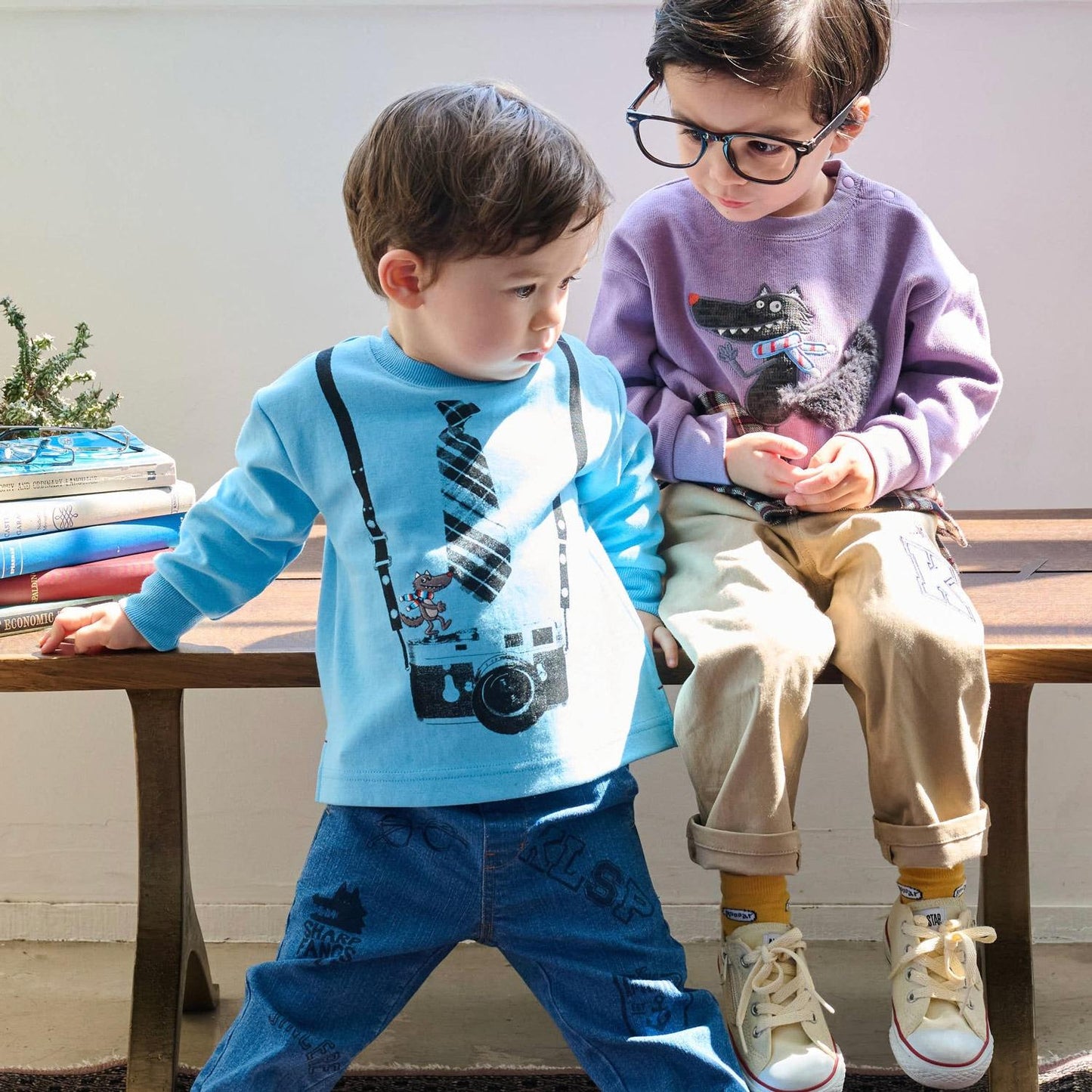 狼圖案拼接格子下襬衛衣