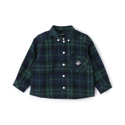 狼刺繡格紋長袖襯衫