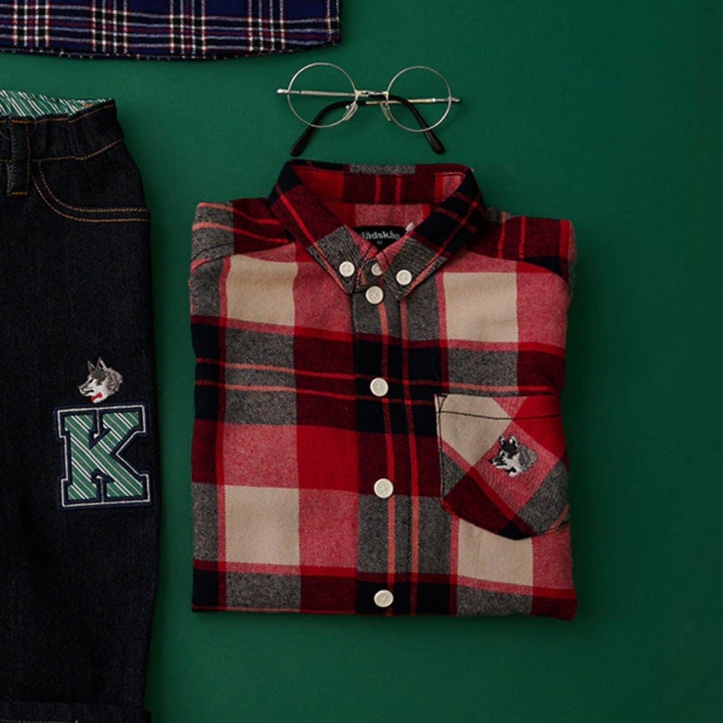 狼刺繡格紋長袖襯衫