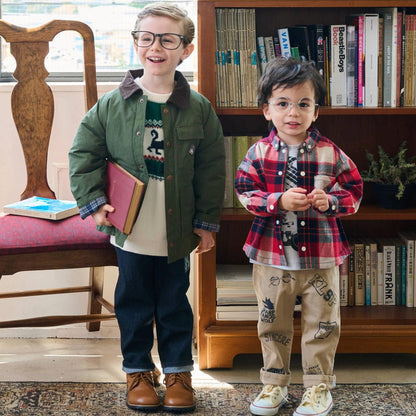 狼刺繡格紋長袖襯衫