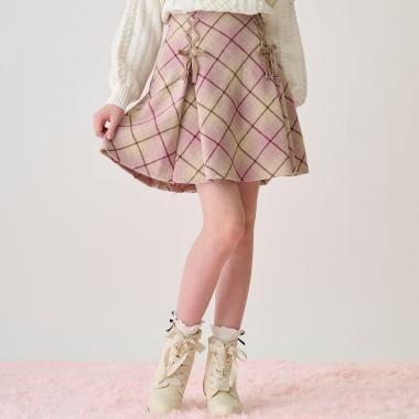 蕾絲繫帶蝴蝶結格紋喇叭裙褲
