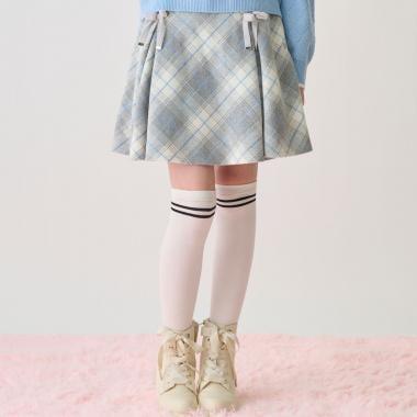 蕾絲繫帶蝴蝶結格紋喇叭裙褲