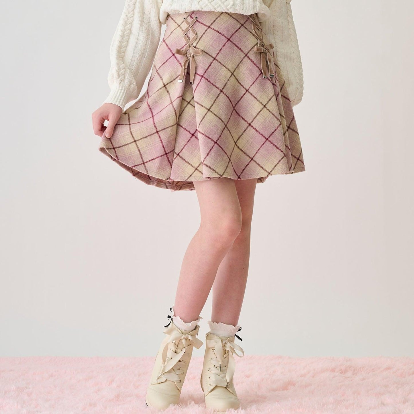 蕾絲繫帶蝴蝶結格紋喇叭裙褲
