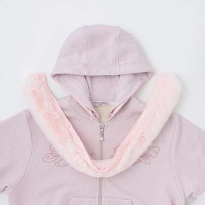 帶仿皮草亮絲內襯拉鍊衛衣