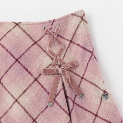 蕾絲繫帶蝴蝶結格紋喇叭裙褲