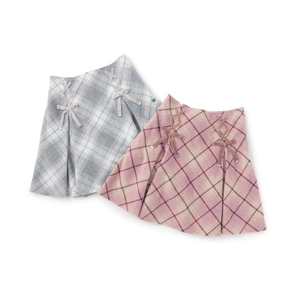 蕾絲繫帶蝴蝶結格紋喇叭裙褲