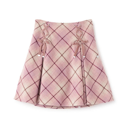 蕾絲繫帶蝴蝶結格紋喇叭裙褲