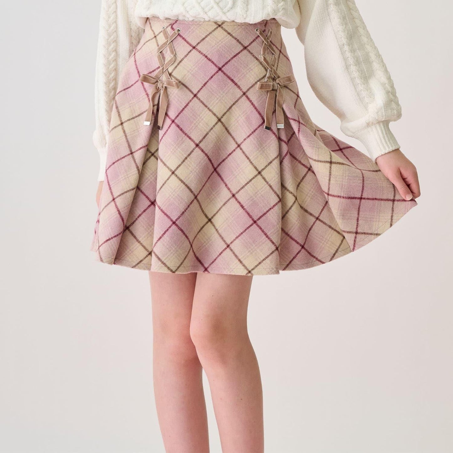 蕾絲繫帶蝴蝶結格紋喇叭裙褲