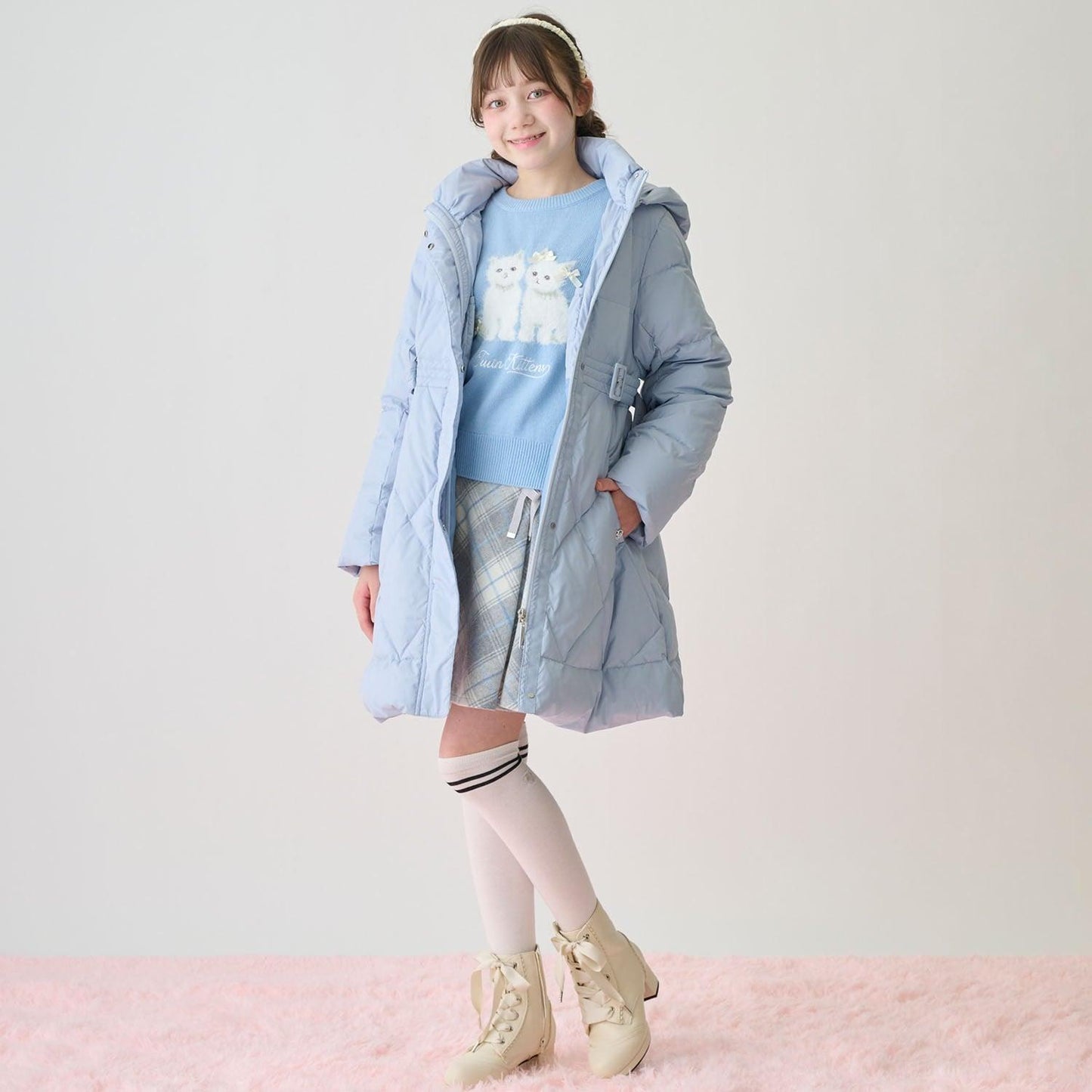 蕾絲繫帶蝴蝶結格紋喇叭裙褲