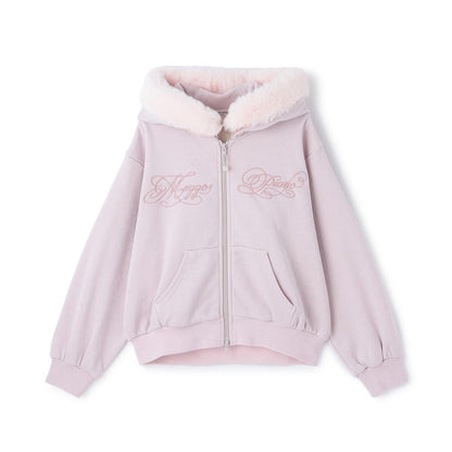 帶仿皮草亮絲內襯拉鍊衛衣