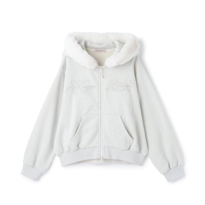 帶仿皮草亮絲內襯拉鍊衛衣