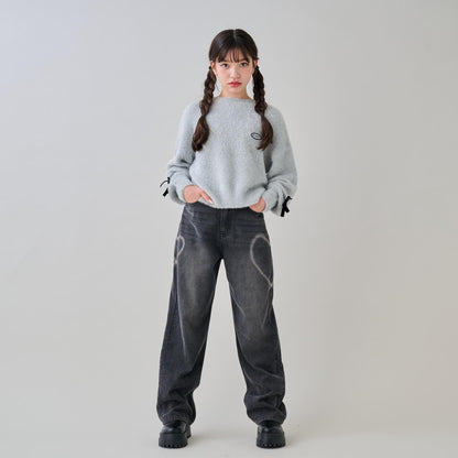 愛心圖案水洗牛仔褲