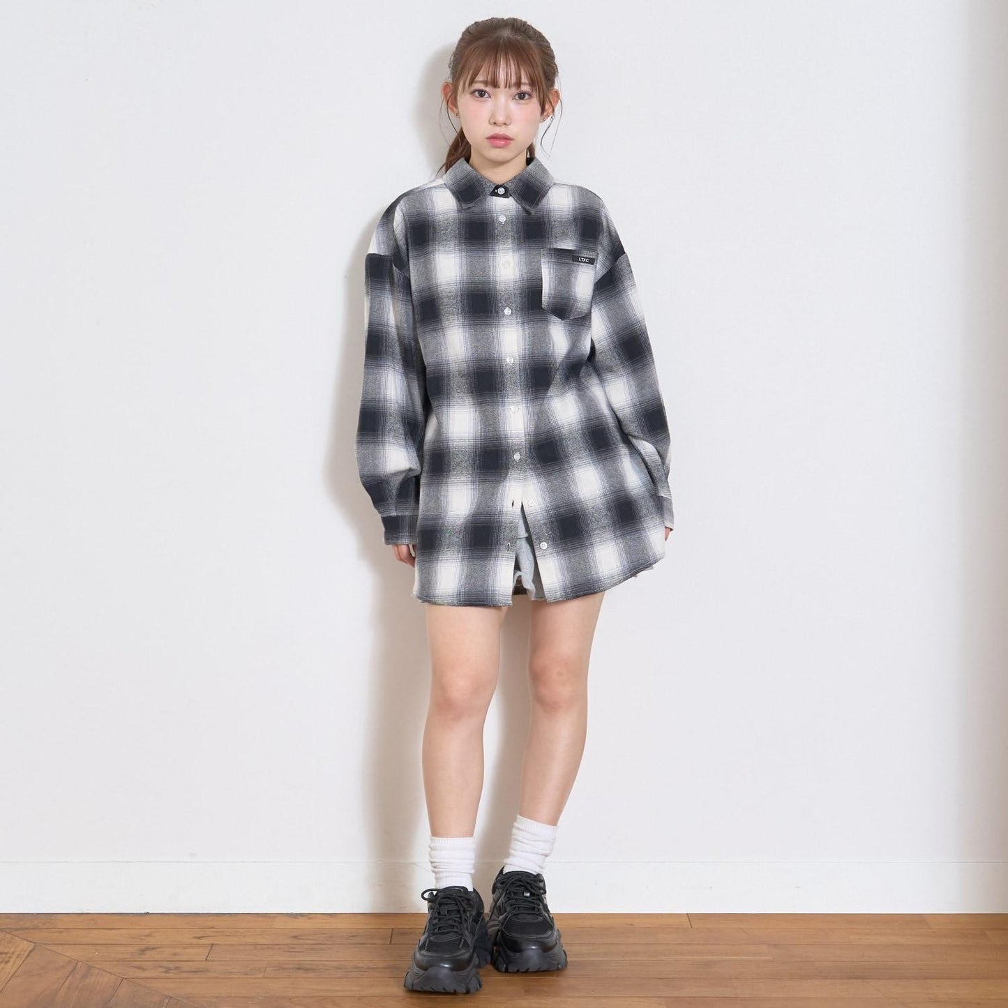 【LTXC】【100%純棉】格紋寬鬆襯衫連衣裙