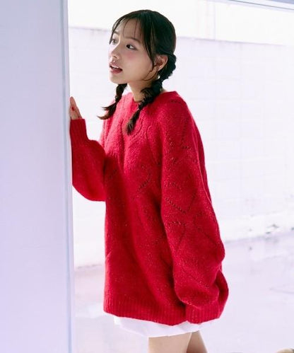 愛心編織拼色寬鬆針織衫【韓國時尚】