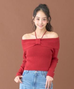 蝴蝶結一字肩針織套頭衫【韓國時尚】