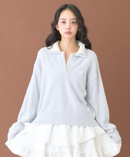雙拼色針織套頭衫【韓國時尚】