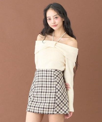 蝴蝶結一字肩針織套頭衫【韓國時尚】