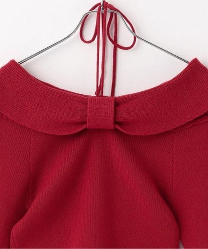 蝴蝶結一字肩針織套頭衫【韓國時尚】