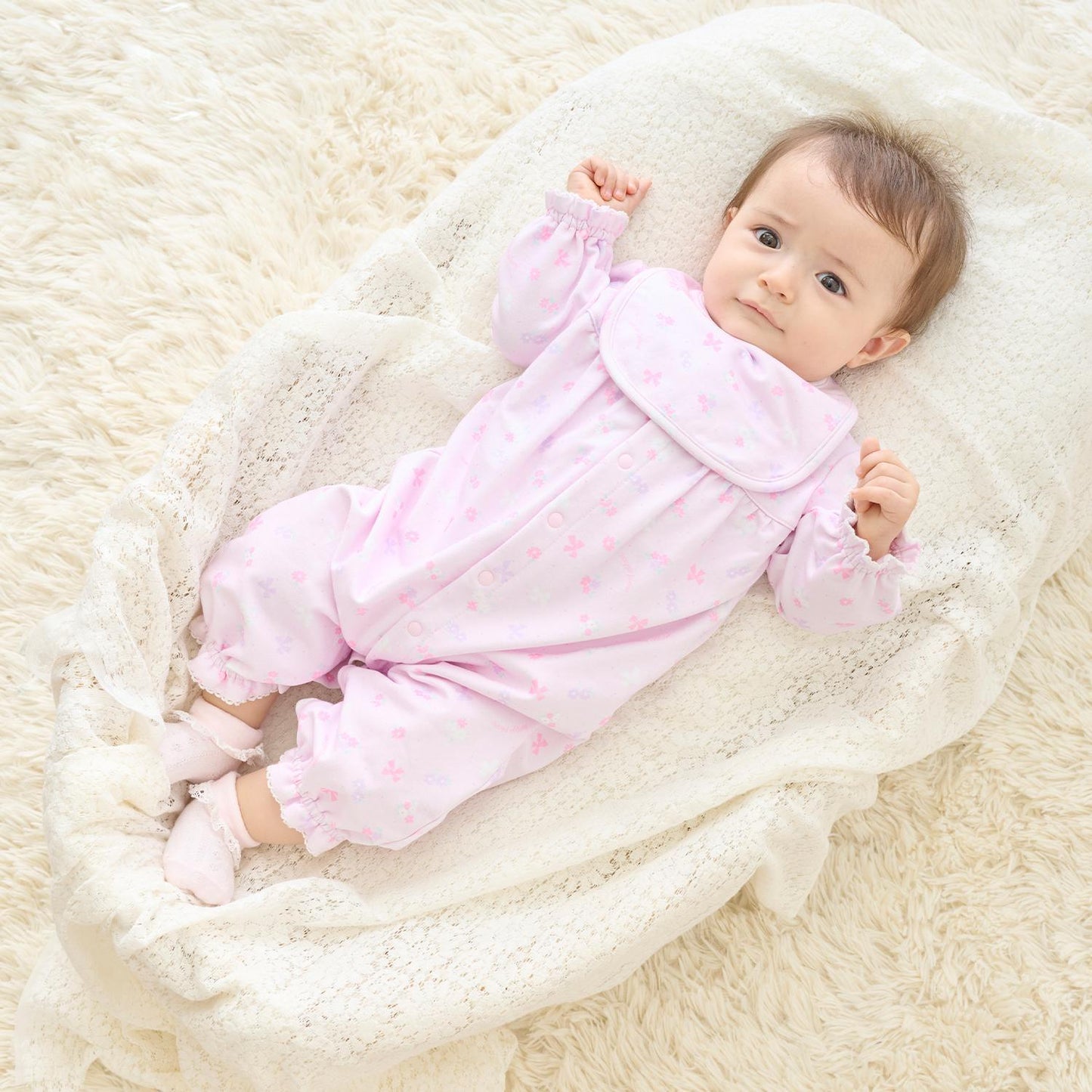 【BOX付】花朵蝴蝶結圖案2用連體衣&圍兜套裝