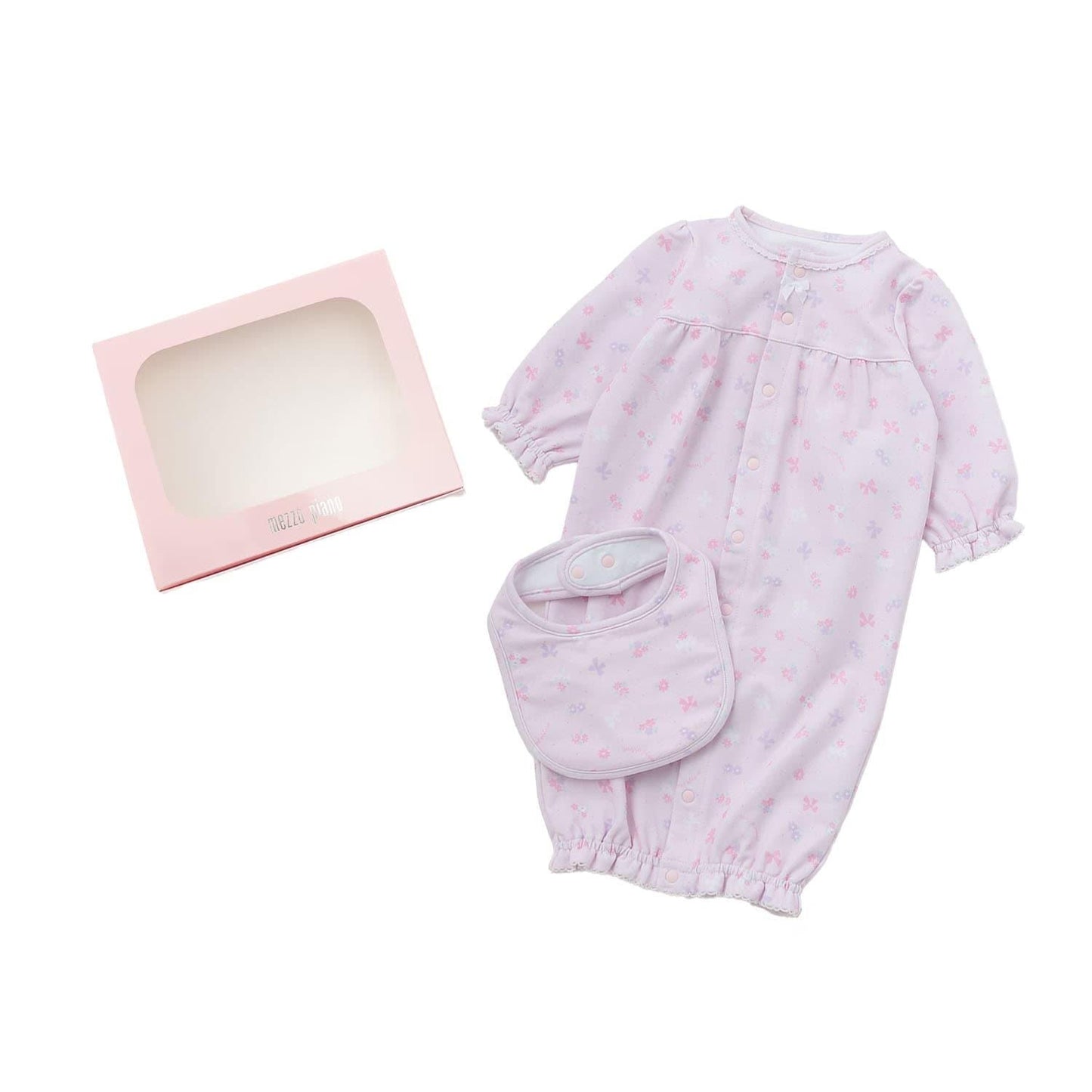 【BOX付】花朵蝴蝶結圖案2用連體衣&圍兜套裝