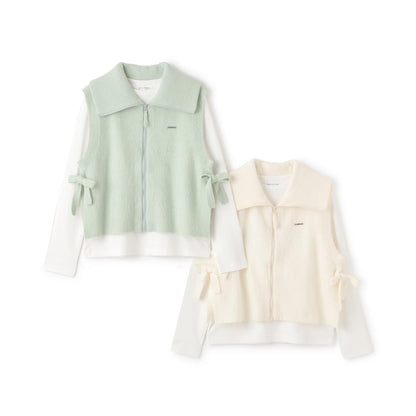 【130cm可選】拉鍊針織馬甲×長袖T恤套裝