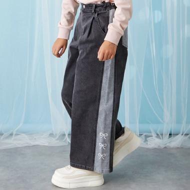 【trois lapins】蝴蝶結刺繡拼色牛仔褲