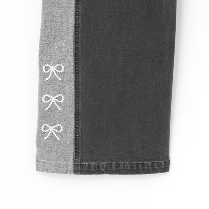 【trois lapins】蝴蝶結刺繡拼色牛仔褲