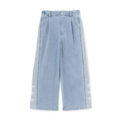 【trois lapins】蝴蝶結刺繡拼色牛仔褲