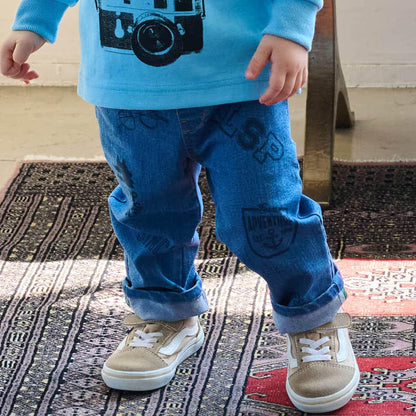 多色印花長款直筒褲