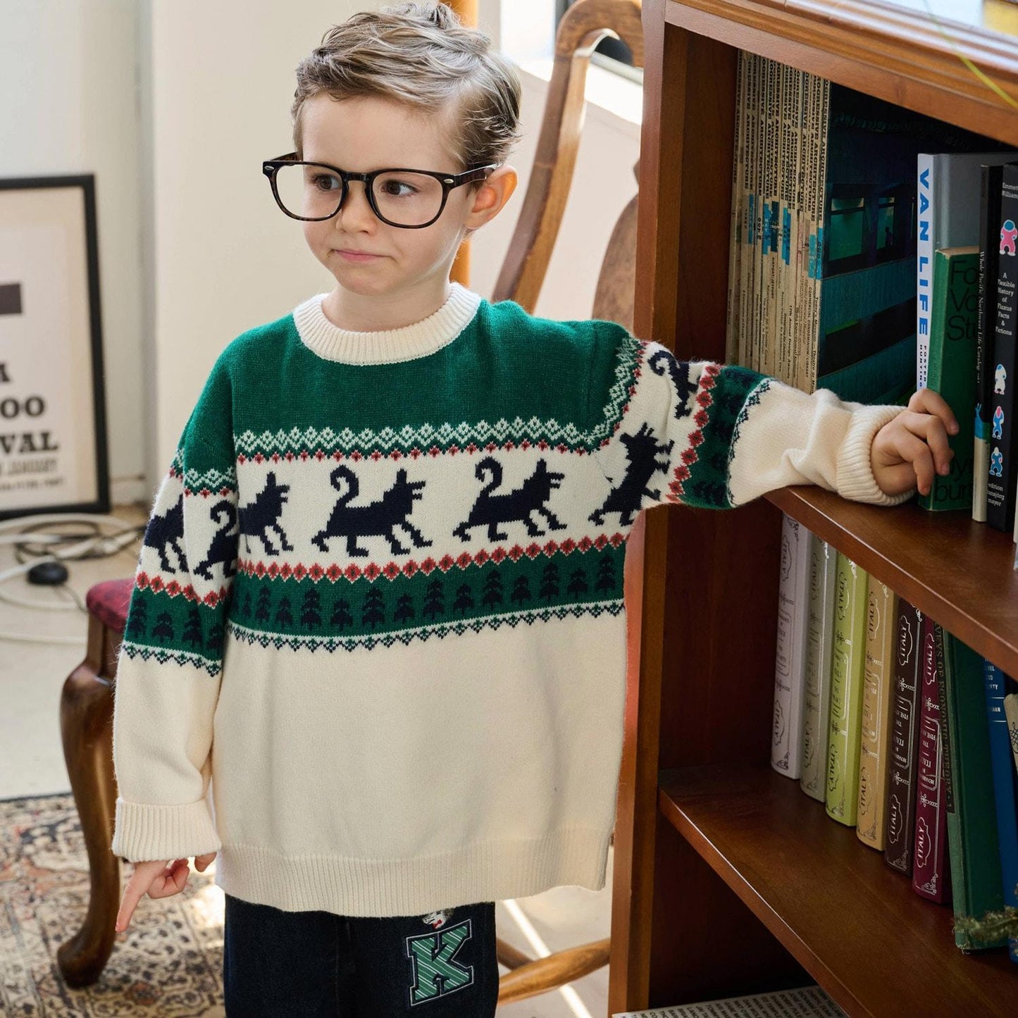 狼圖案針織套頭衫