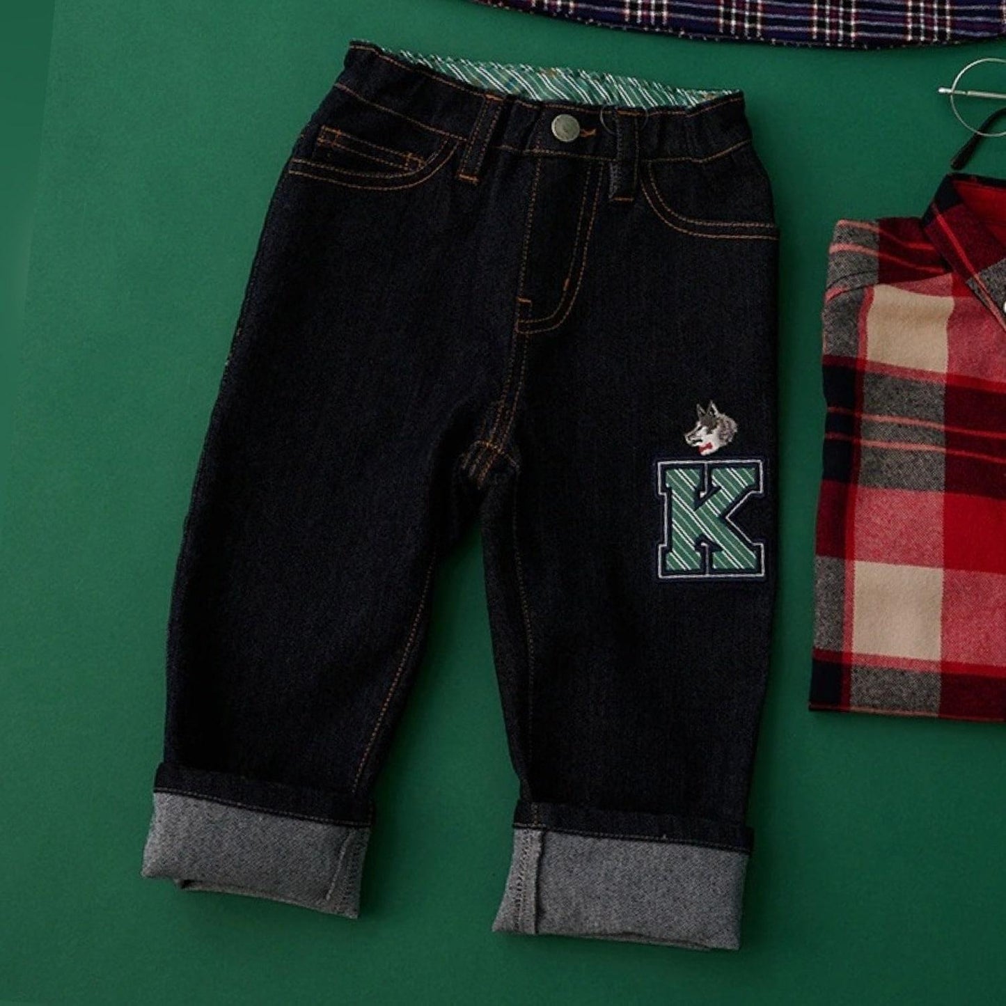 狼刺繡長款直筒褲