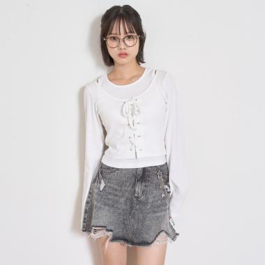 【LTXC】帶鏈條破洞牛仔迷你裙