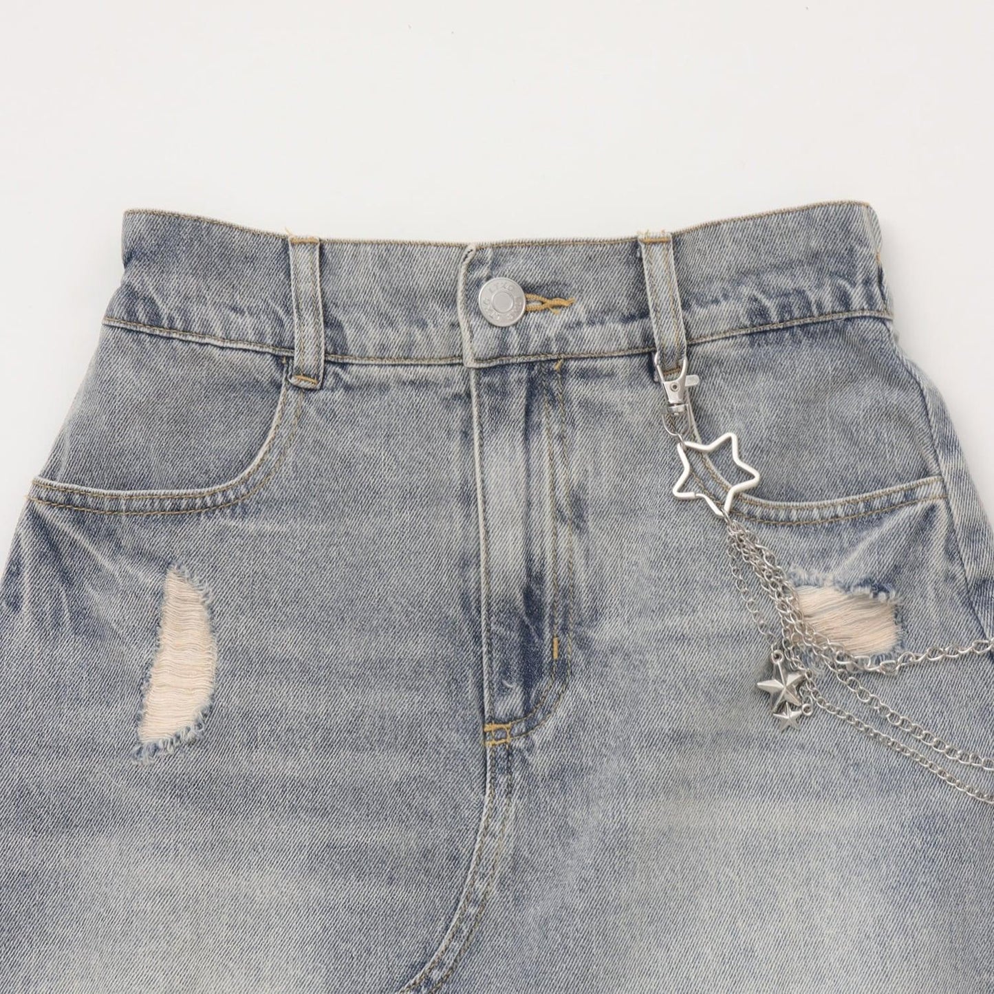 【LTXC】帶鏈條破洞牛仔迷你裙