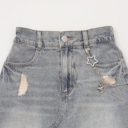 【LTXC】帶鏈條破洞牛仔迷你裙