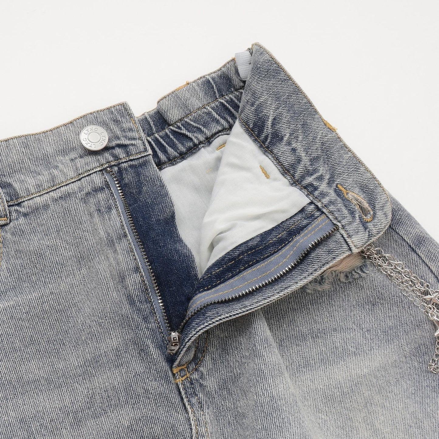 【LTXC】帶鏈條破洞牛仔迷你裙