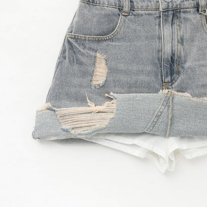 【LTXC】帶鏈條破洞牛仔迷你裙