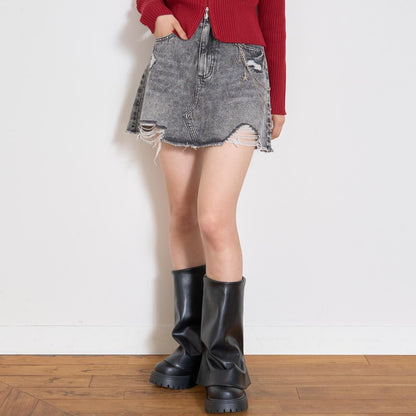 【LTXC】帶鏈條破洞牛仔迷你裙