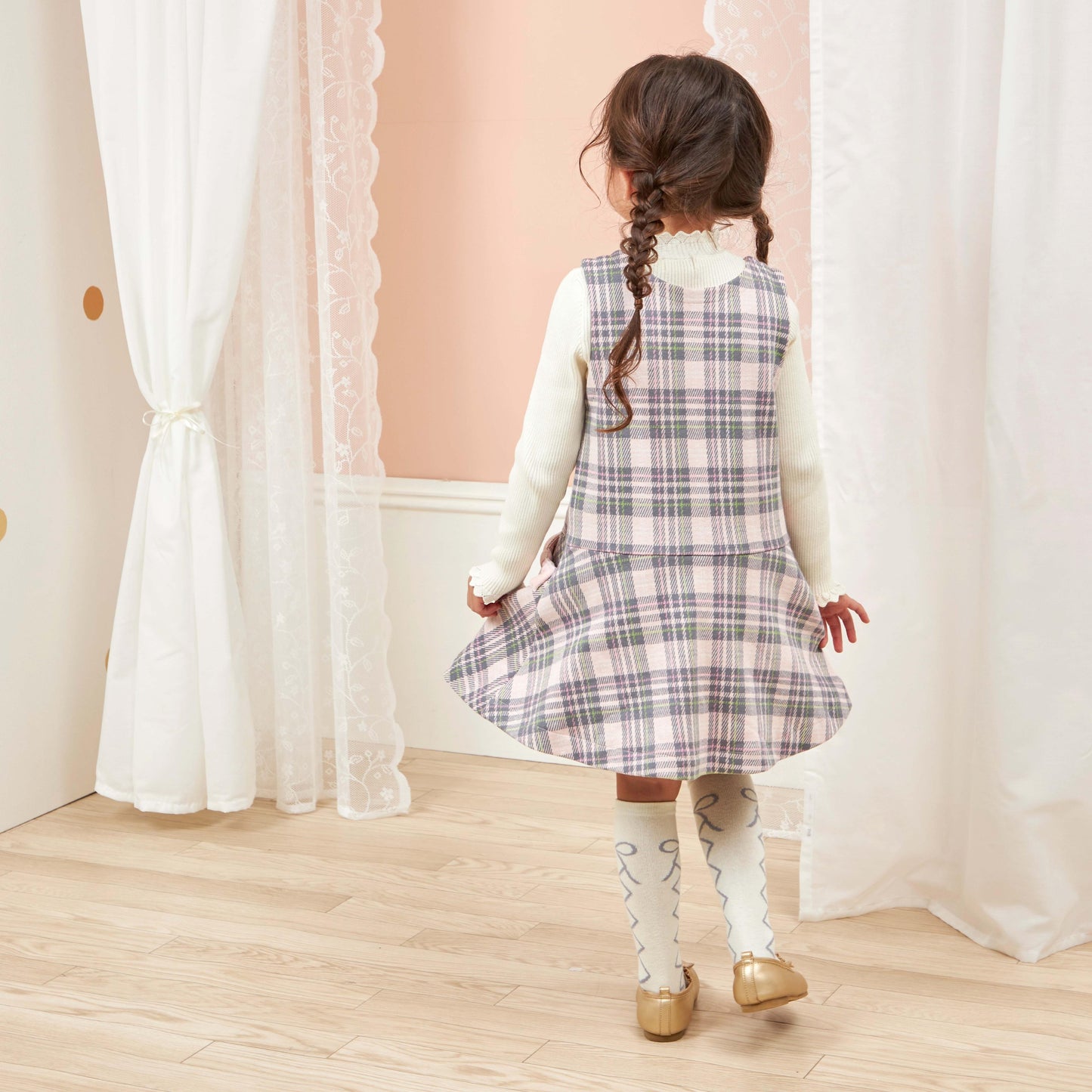 雙層提花格紋連衣裙