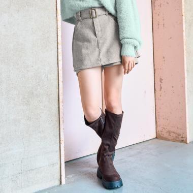 附腰帶人字紋荷葉邊下襬半身裙褲