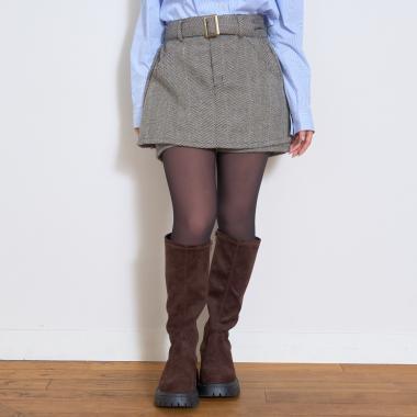 附腰帶人字紋荷葉邊下襬半身裙褲