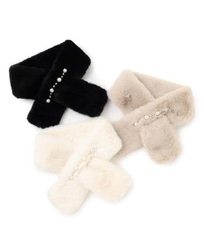 珍珠裝飾毛絨領巾【韓國時尚】